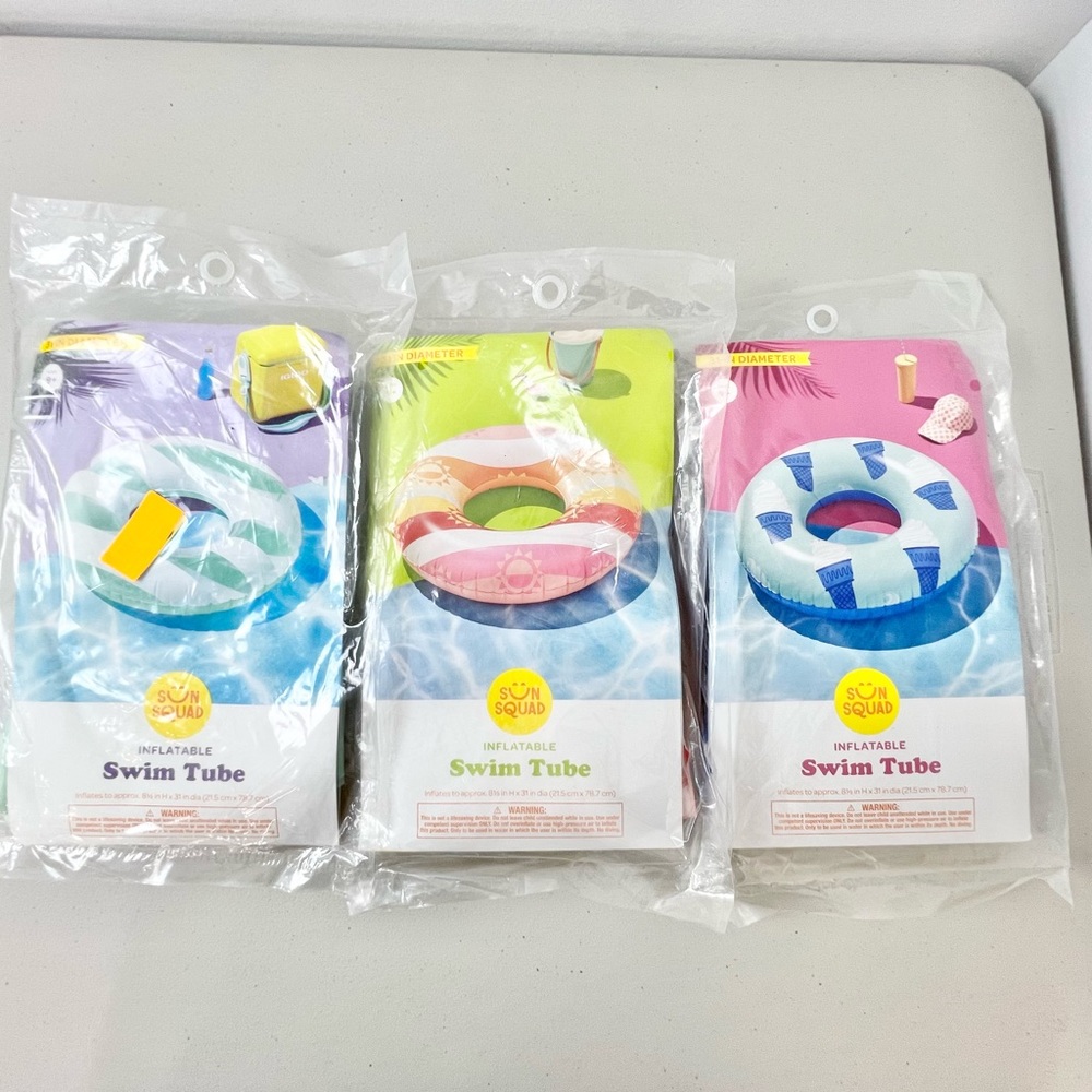 Lot Of 3 New Sun Squad Inflatable 31” Swim Tube Mint Stripe Sun Belt Stripe Cone